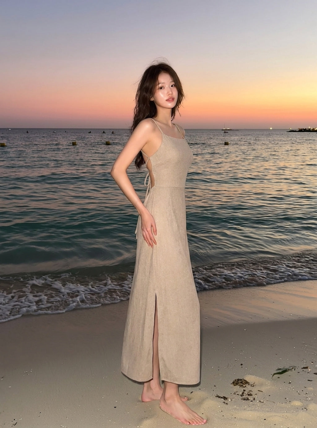 NIV性感杏色大露背連身裙
